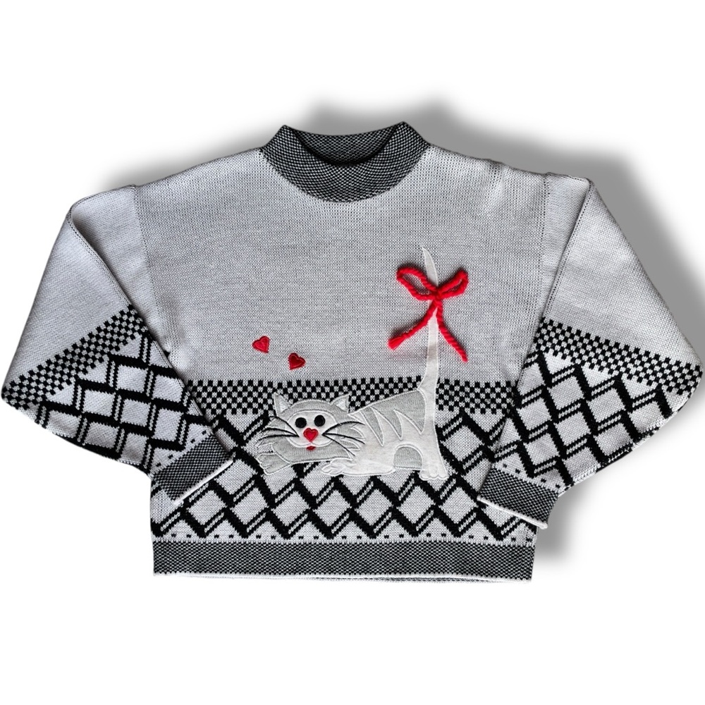 Vintage Cat 3D Print Knit Sweater Kitty Heart Bow Embroidery Art Pullover Medium